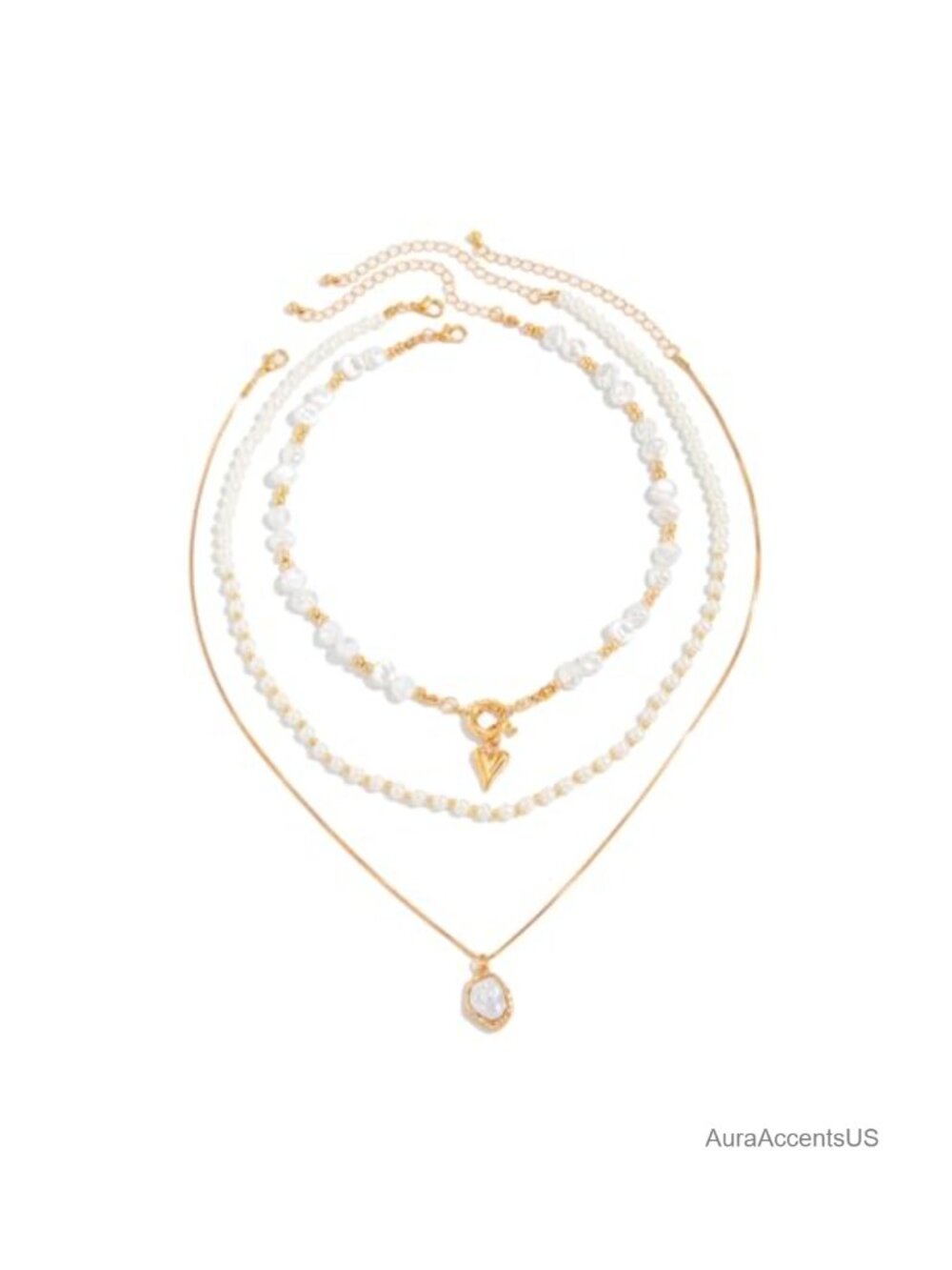 Layered Baroque Pearl Choker Necklace Set with Gold Heart Lock Charm Pendant